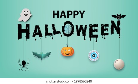 Halloween background with black bats and orange pumpkins.Dark castle,Ghost and flying bats, tomb, scary,decoration.Vector Halloween party decoration and flat style concept.