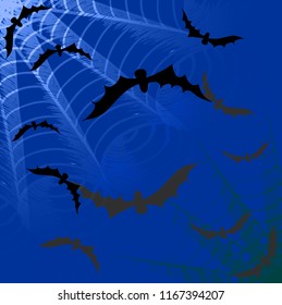 Halloween background with black bats and spider web. Festive design element. Vector illustration. 