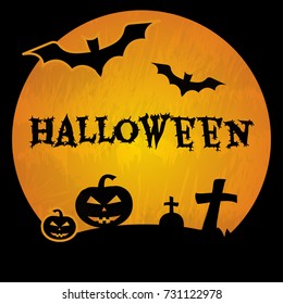 Halloween background with black bats, tomb, crosses, pumpkins and inscription Halloween. Vector illustration.