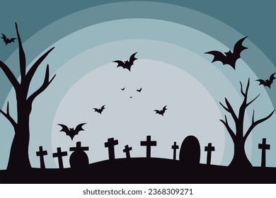 Halloween background with black cartoon silhouettes and symbols of scary spooky decorations. Vector