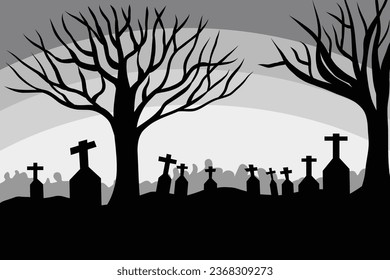 Halloween background with black cartoon silhouettes and symbols of scary spooky decorations. Vector