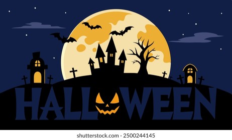 Halloween background with black castle, graveyard at night full moon