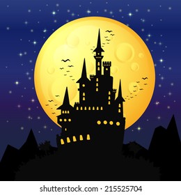 halloween background, black castle on the background of the full moon, gloomy background for halloween party invitations to the palace and bats