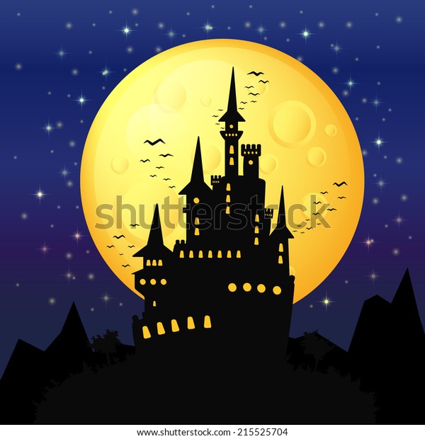 halloween background, black castle on the background\
of the full moon, gloomy background for halloween party invitations\
to the palace and\
bats