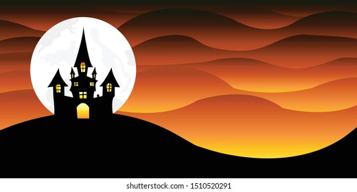 Halloween background. Black castle with white moon and orange sky.