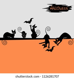Halloween background with a black cat and a bat. Vector illustration.