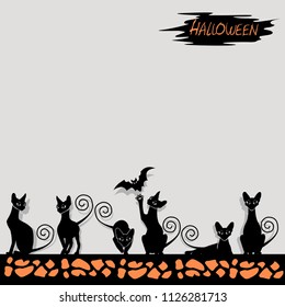 Halloween background with a black cat and a bat. Vector illustration.