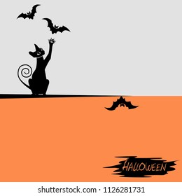 Halloween background with a black cat and a bat. Vector illustration.