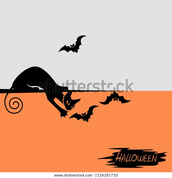 Halloween Background Black Cat Bat Vector Stock Vector (Royalty Free