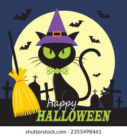 Halloween background with black cat and broom stick