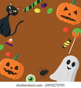 Halloween background with black cat, candies, spider, pumpkin and ghost. Vector illustration.