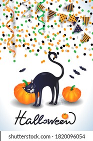 Halloween background with black cat, confetti, streamers. Vector illustration eps10