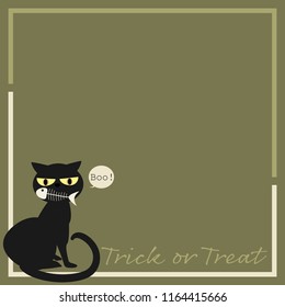 Halloween background of black cat with fish bone hold in the mouth frame with Boo and Trick or Treat text on green background with your copy space. Vector illustration.