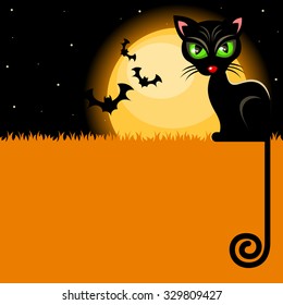 Halloween background with black cat in front of the full moon landscape
