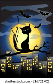 Halloween background with black cat and full moon
