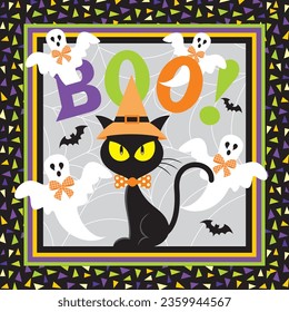 Halloween background with black cat and ghost