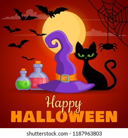 Halloween background with black cat, hat and potion. Vector illustration
