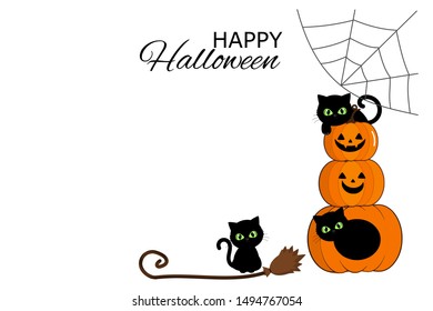 Halloween Background with black cat kitten cartoon character, ghost pumpkin, wizard broom and spider web vector illustration.
