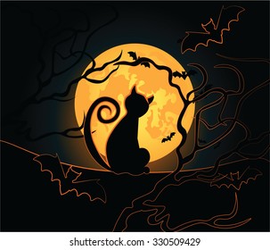 Halloween background with black cat, night moon, sky and bats. Vector