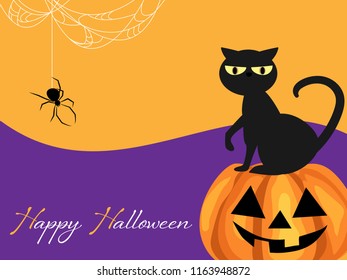 Halloween background with Black cat on Halloween pumpkin and Happy Halloween text.