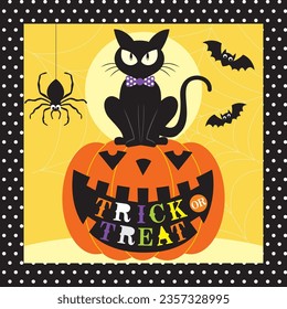 halloween background with black cat on pumpkin