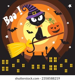 Halloween background with black cat on the broomstick