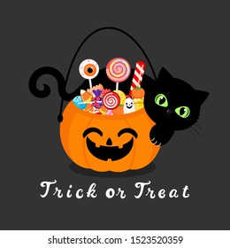 Halloween background with black cat and  pumpkin candy bucket, cute sweets for Halloween party. vector illustration.


