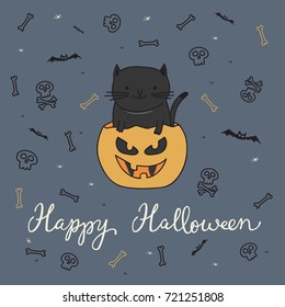 Halloween background with black cat and pumpkin
