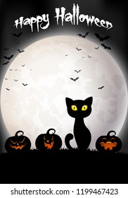 Halloween background with black cat and pumpkins