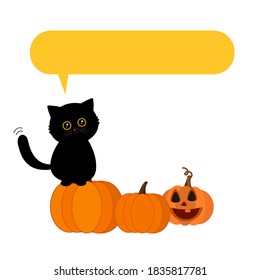 Halloween background with black cat, pumpkins and speech bubble vector.