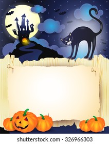 Halloween background with black cat, pumpkins and old paper. Vector illustration 