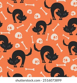 Halloween background, black cat, skull, bones, orange, seamless pattern, cute, spooky, scary, wallpaper, text, print, texture, fabric, october, autumn, flat sillhouete style, vector illustration.