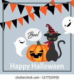 Halloween background of black cat wearing witches hat with Halloween pumpkin, cute ghost with buntings, flags  and Happy Halloween text. Spooky character. Vector illustration design for Invitation.