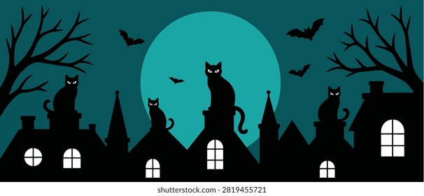 Halloween background with black cats sitting on roofs of houses under a full moon with flying bats in a dark teal night sky