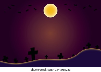 halloween background , black grave on curve hills with shining yellow moon with black group of bat , zombie hand