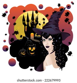 Halloween background with black haired witch, castle and bats silhouettes.