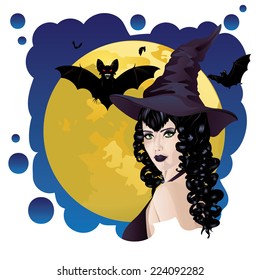 Halloween background with black haired witch and bats silhouettes.