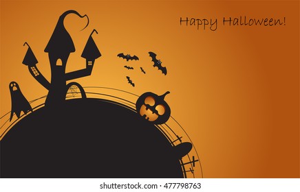 Halloween background black and orange colors, with house and bats vector illustration
