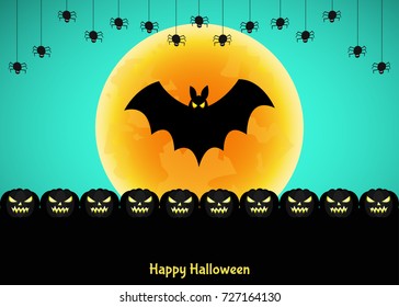  Halloween background.   Black pumpkin, orange  moon,  spider and bat.  Vector  template   for  flyer  or  party  invitation.