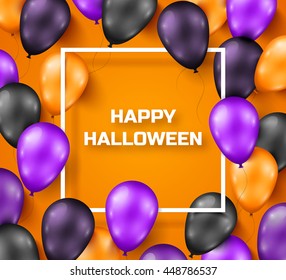 Halloween background with black, violet and orange balloons. Vector illustration. Night party decorations, backdrop with thin square frame. 