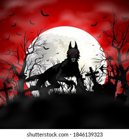 Halloween background with black wolf in graveyard