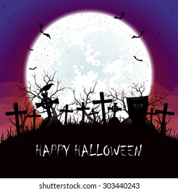 Halloween background with blue Moon,  bats and crow at the cemetery, illustration.