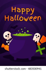 Halloween Background with Boiler, Ghost and Bat. Vector Flat Illustration. Halloween Night Party. Trick or Treat.