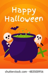 Halloween Background with Boiler, Ghost and Bat. Vector Flat Illustration. Halloween Night Party. Trick or Treat.