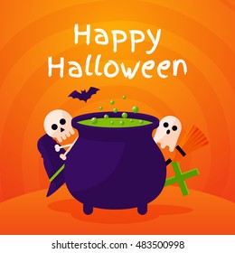 Halloween Background with Boiler, Ghost and Bat. Vector Flat Illustration. Halloween Night Party. Trick or Treat.