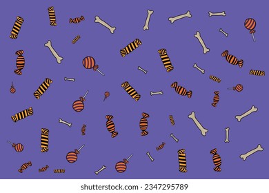 halloween background of bones and candies on purple background