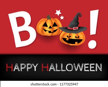 Halloween background of Boo! text with Halloween pumpkins wearing witches hat, star and Happy Halloween text. Vector illustration design for Invitation to party or greeting card or banner.