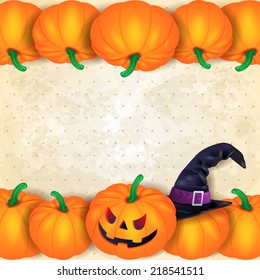 Halloween background with borders of pumpkins and hat, vector eps 10