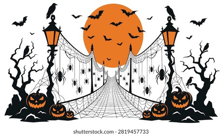 Halloween background with bridge, pumpkins, spiders, bats, crows and full moon vector illustration of spooky bridge with cobwebs and jackolanterns for holiday party decoration