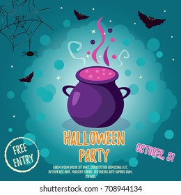 Halloween background with bright cauldron. Party Invitation Template